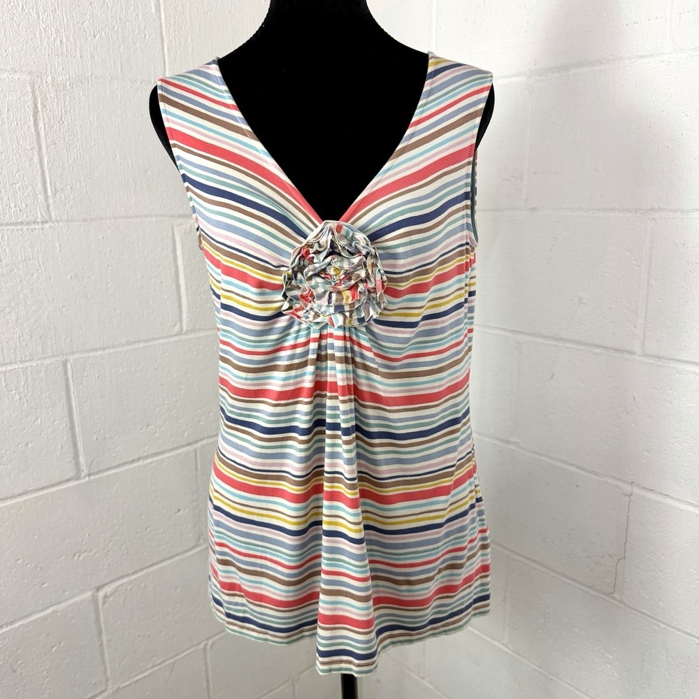 Boden Babydoll Tank Top V-Neck Stretch Colorful Stripes Rosette Preppy Office 10